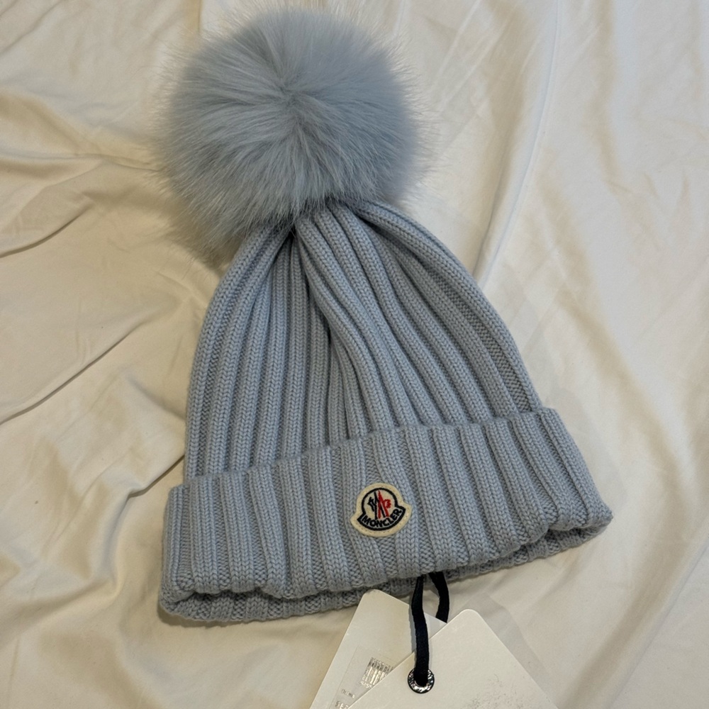 Moncler Wool Beanie with Faux Fur Pom Pom
